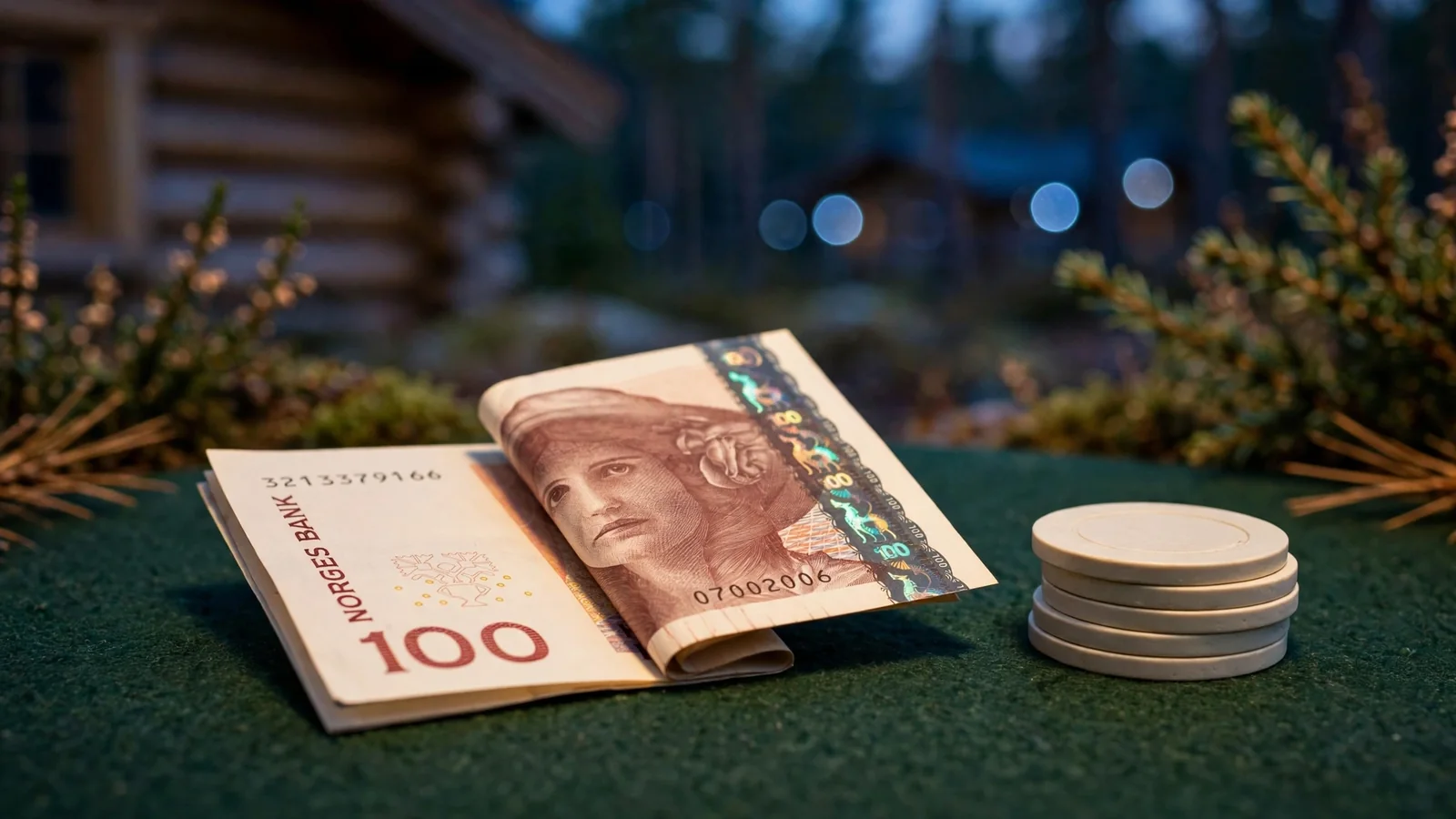 En hundrekroneseddel og casinobrikker på grønt bord