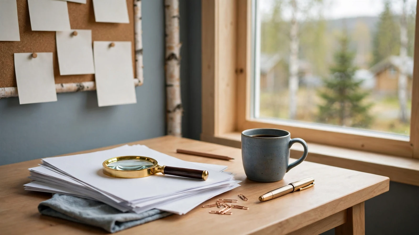 Redaksjonelt skrivebord med dokumenter, forstørrelsesglass og kaffekopp i nordisk lys.