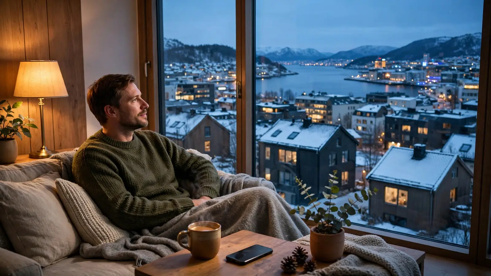 Person i koselig norsk stue med kaffekopp og telefon med fjordutsikt