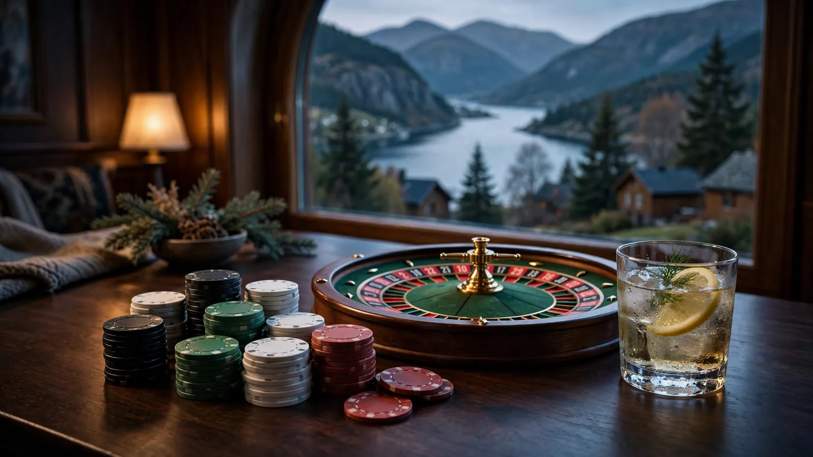 Elegant norsk casinobord med jetonger og roulette