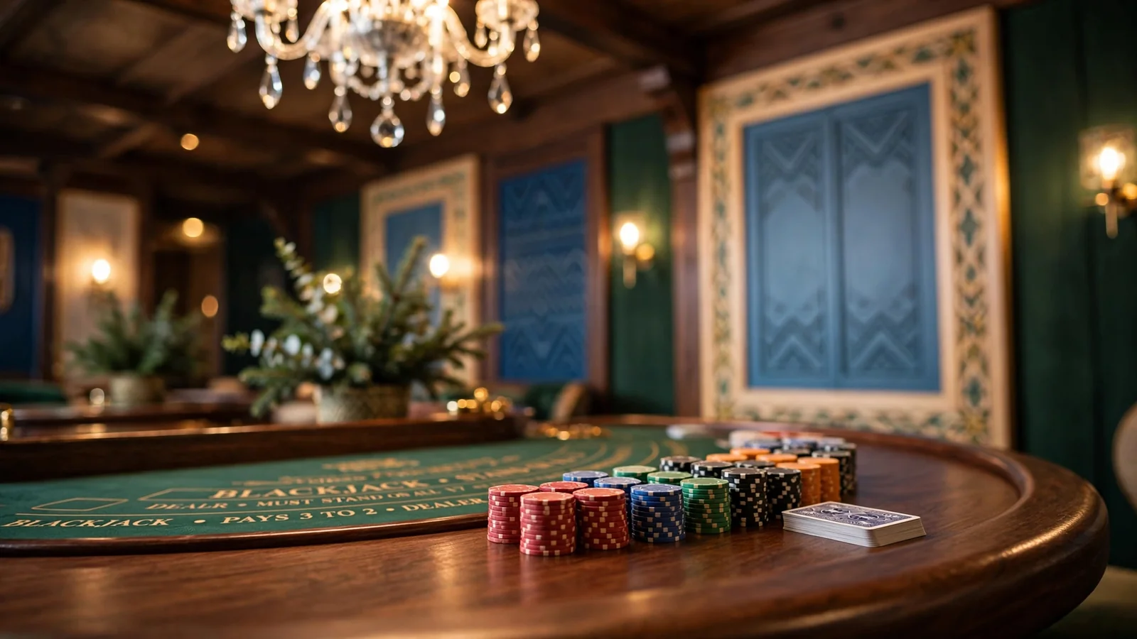 Elegant casinointeriør med blackjackbord, fargepenger og kort