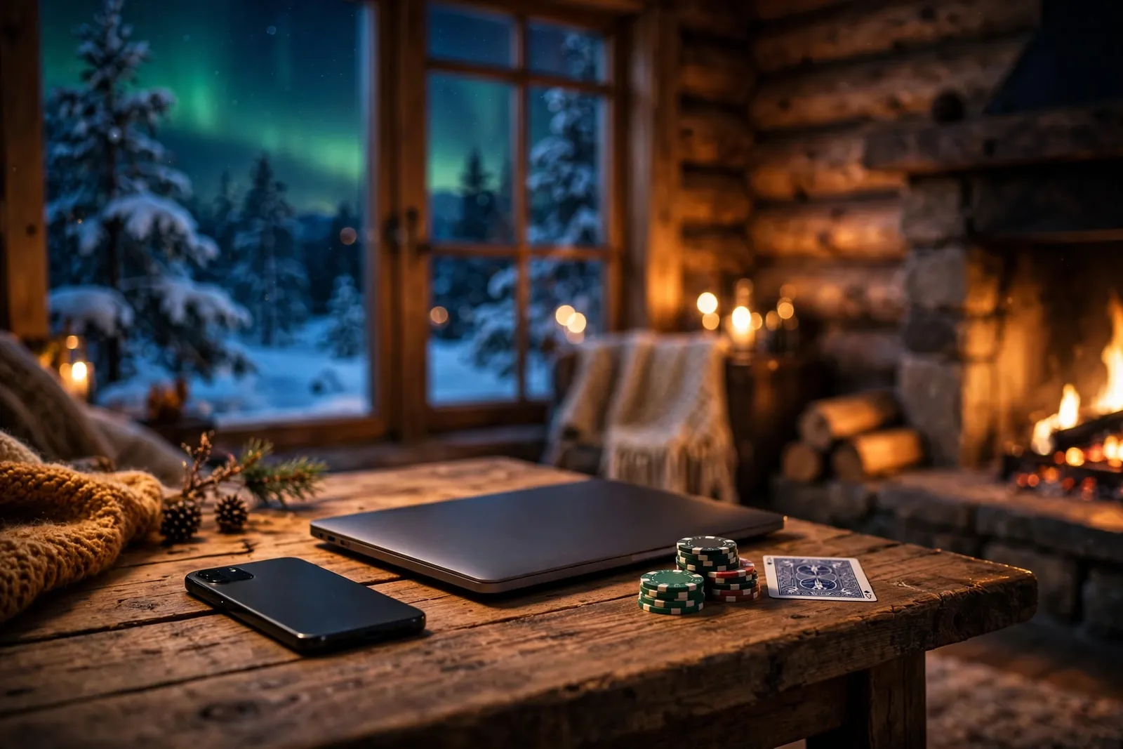 Mobiltelefon og laptop i en norsk hytte med casinojetonger