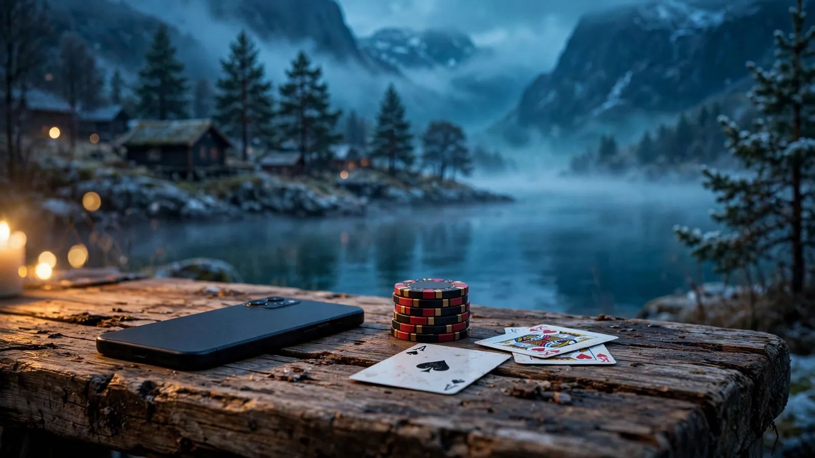 Smartphone vendt ned ved siden av casinobrikker og spillkort med norsk fjordlandskap i skumringen