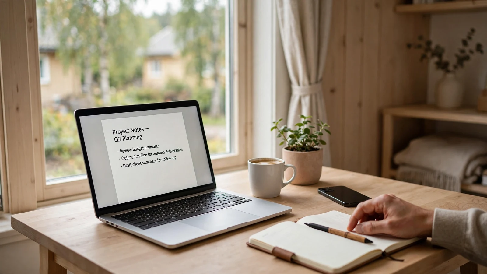 Hjemmekontor i Norge med laptop og kaffekopp ved et lyst trebord