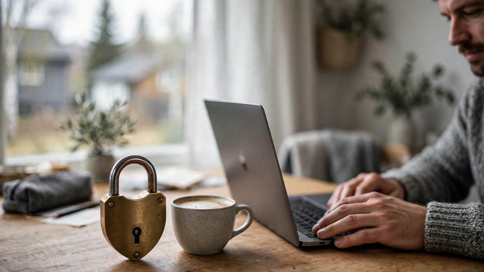 Person ved skrivebord med laptop og hengelås som symboliserer personvern