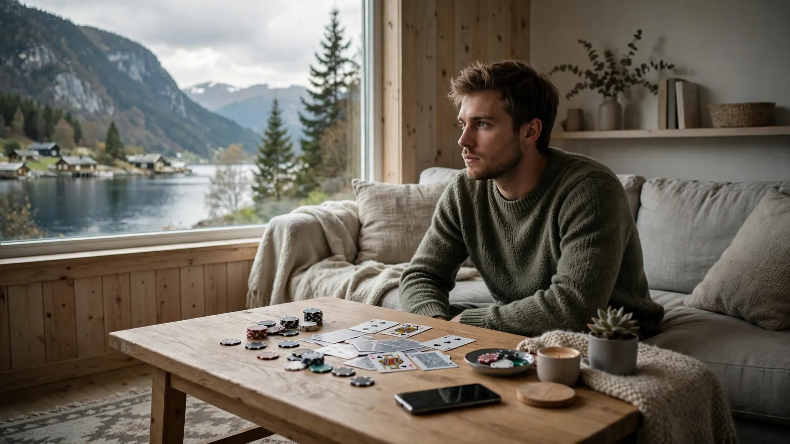Mann i stue som tenker over spilling med telefon vendt ned